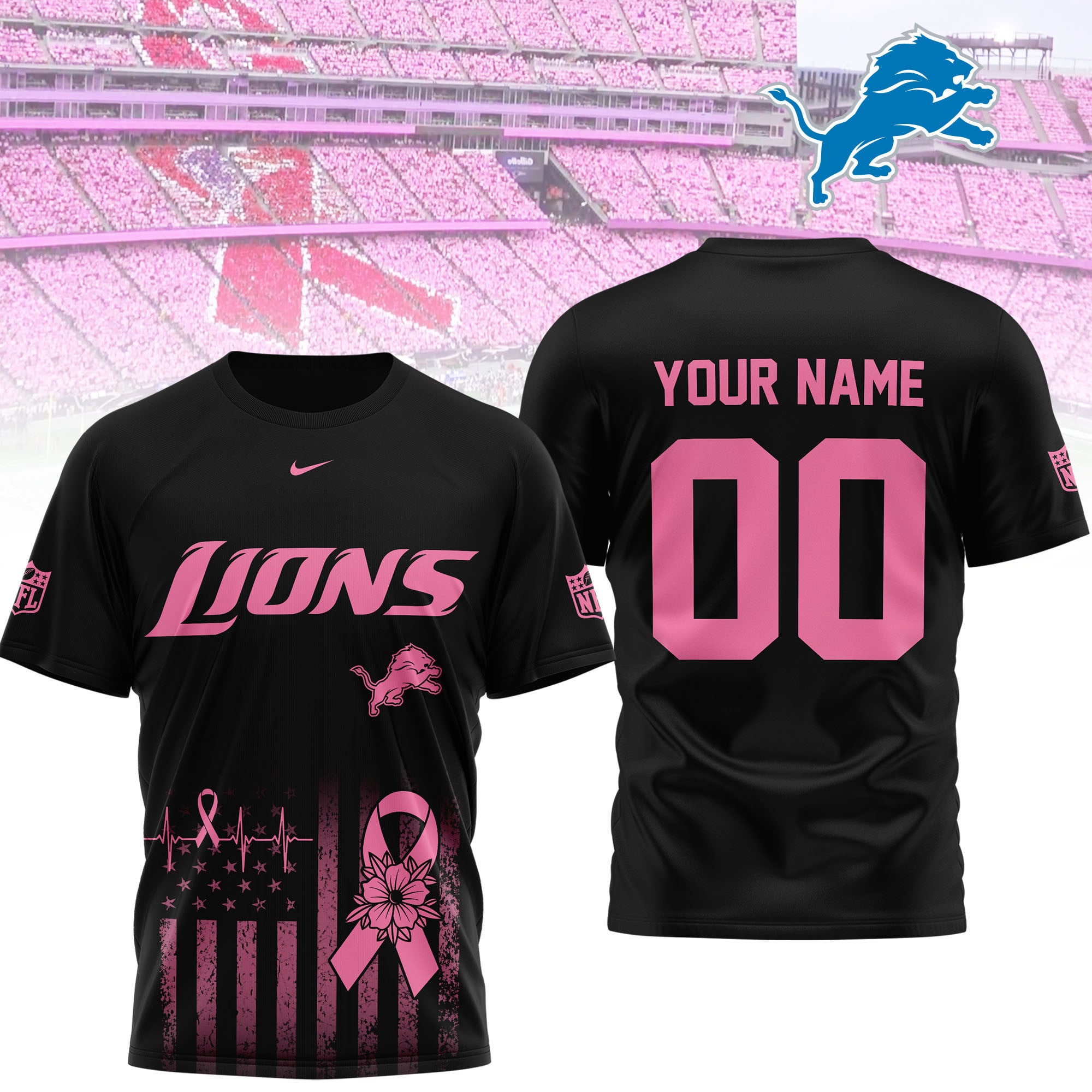 Detroit Lions | Premium NFL Breast Cancer Awareness 3D Shirt NTH1 - Image 2