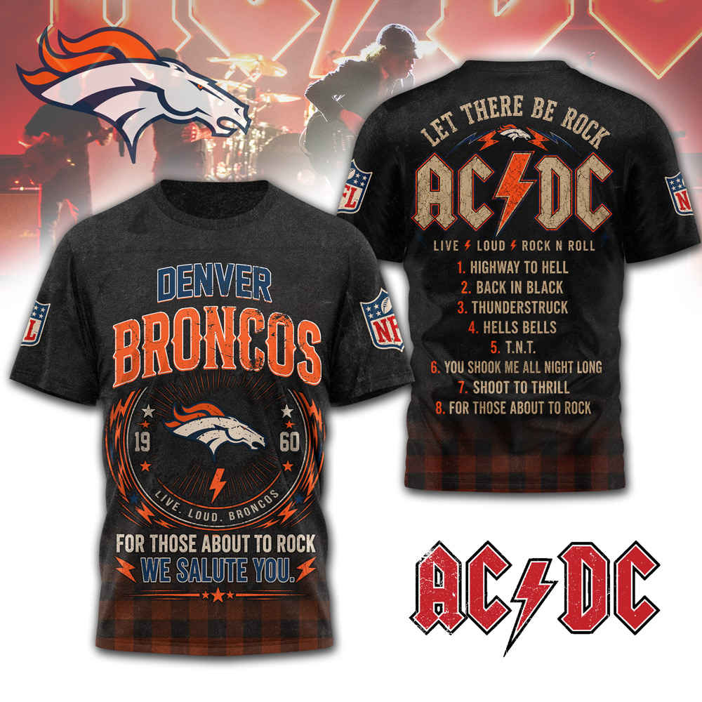 Denver Broncos | Premium NFL ACDC Rock N Roll 3D T-Shirt - Image 3