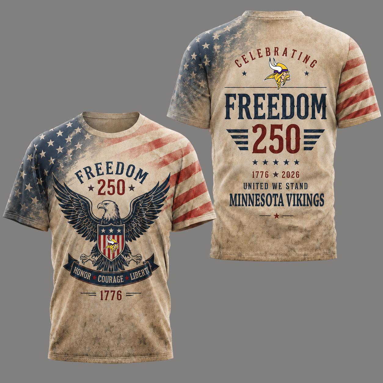 Minnesota Vikings | Premium NFL Freedom 250 Patriotic 3D Shirt - Image 2