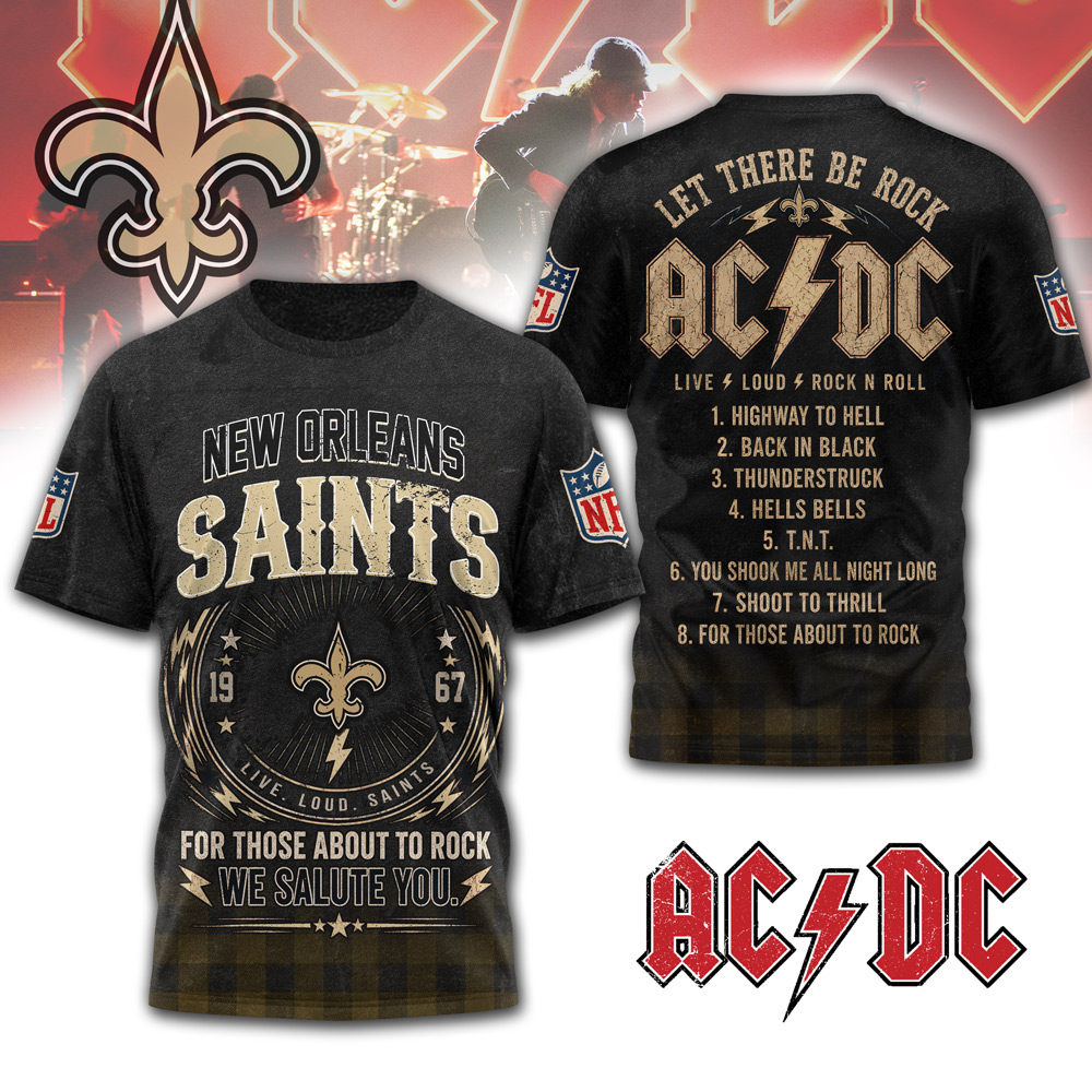 New Orleans Saints | Premium NFL ACDC Rock N Roll 3D T-Shirt - Image 3