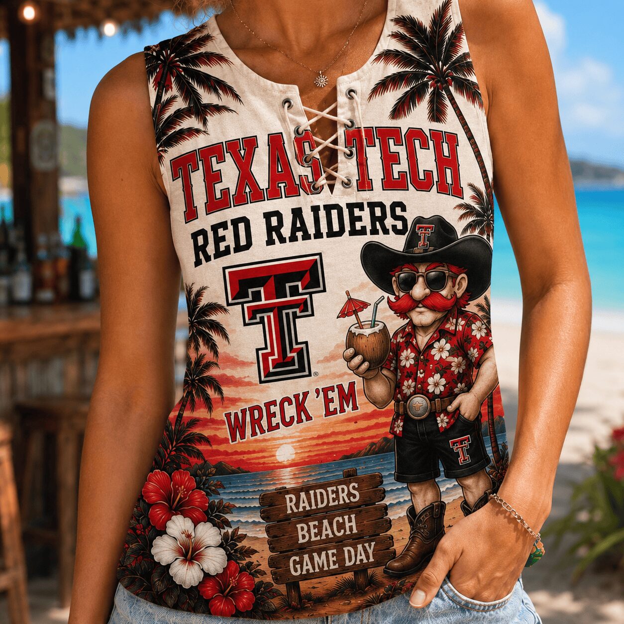 Texas Tech Red Raiders | Premium NCAA Tropical Game Day Lace-Up Tank Top - Image 4