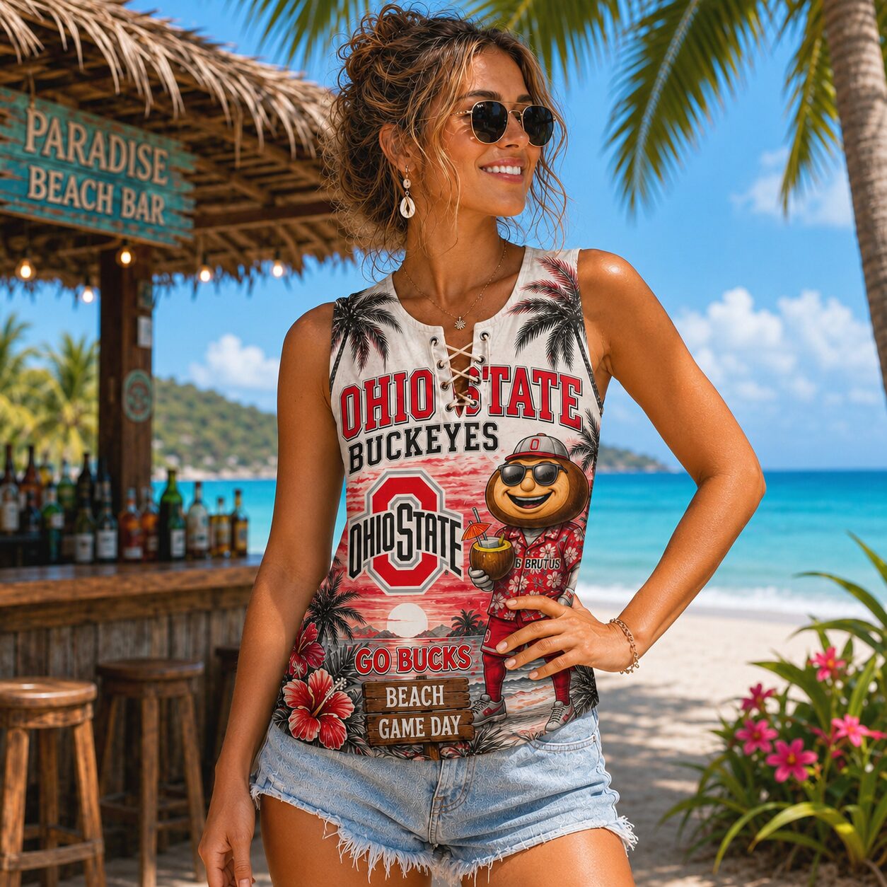 Ohio State Buckeyes | Premium NCAA Tropical Game Day Lace-Up Tank Top - Image 3