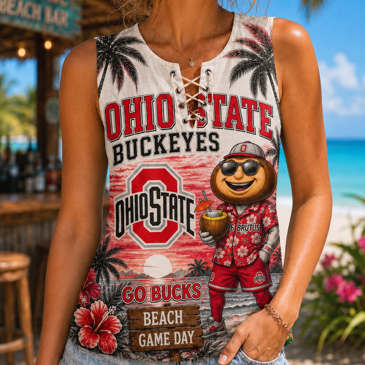 Ohio State Buckeyes | Premium NCAA Tropical Game Day Lace-Up Tank Top - Image 4