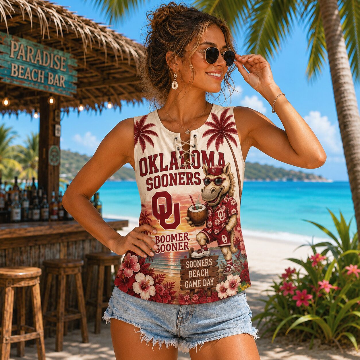 Oklahoma Sooners | Premium NCAA Tropical Game Day Lace-Up Tank Top - Image 2