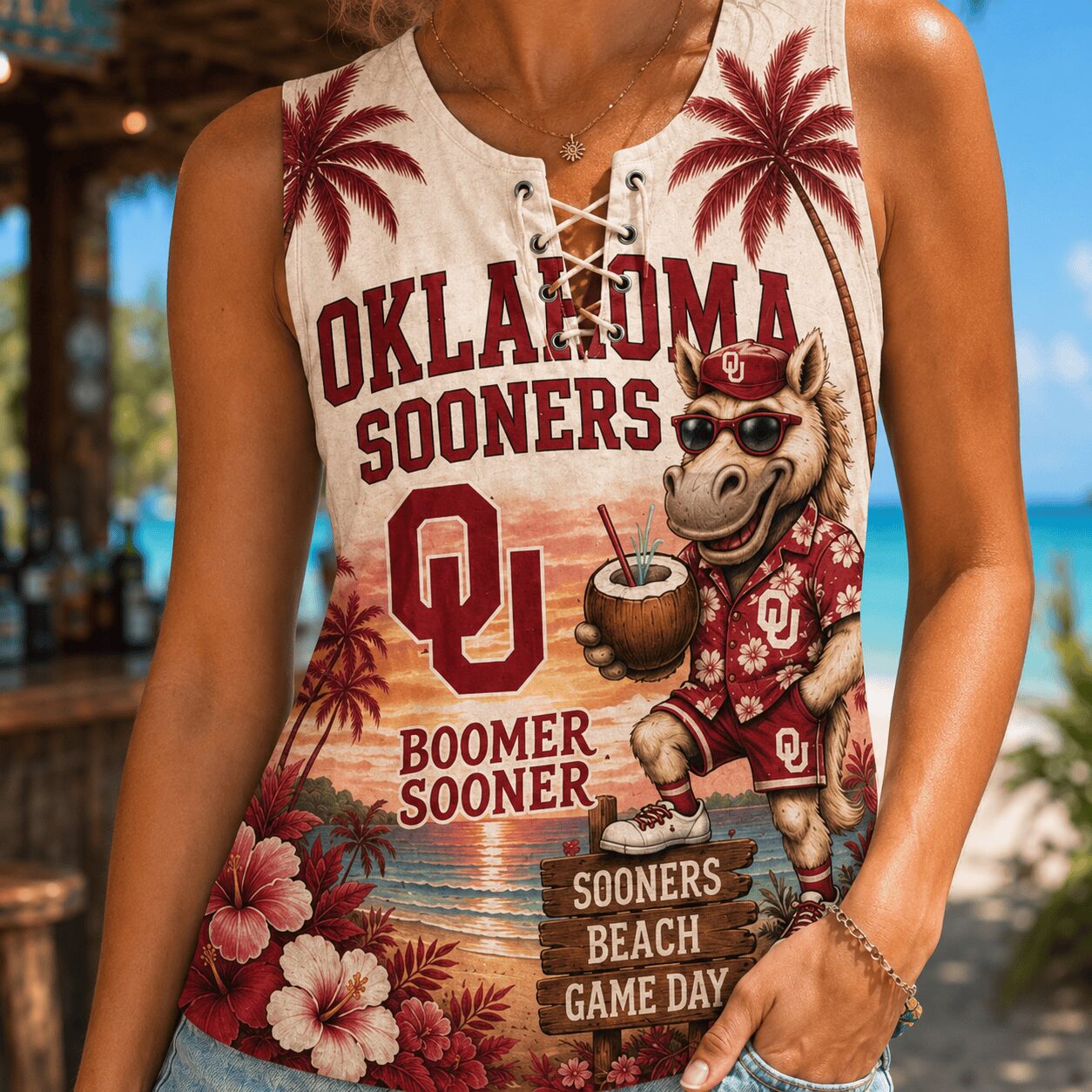 Oklahoma Sooners | Premium NCAA Tropical Game Day Lace-Up Tank Top - Image 4