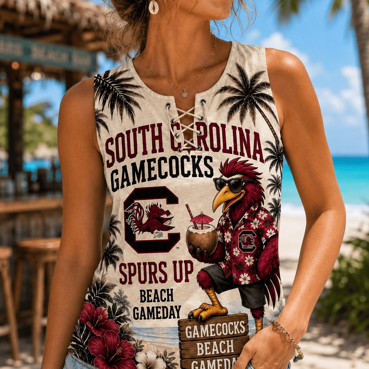 South Carolina Gamecocks | Premium NCAA Tropical Game Day Lace-Up Tank Top - Image 4