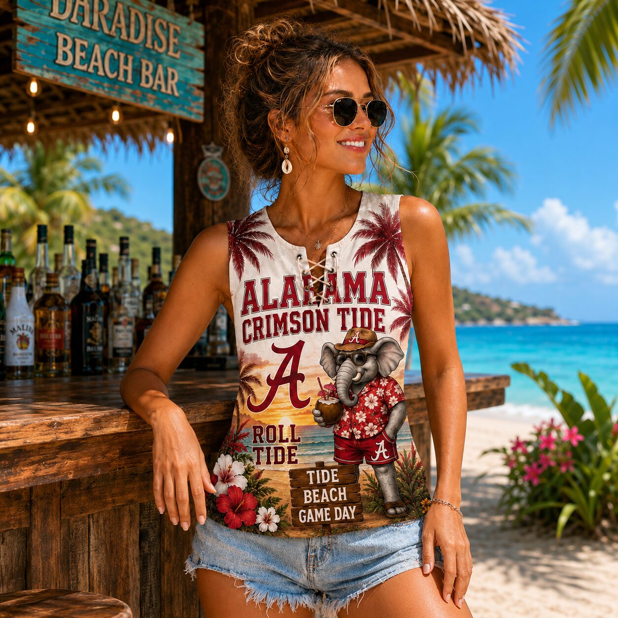 Alabama Crimson Tide | Premium NCAA Tropical Game Day Lace-Up Tank Top - Image 2