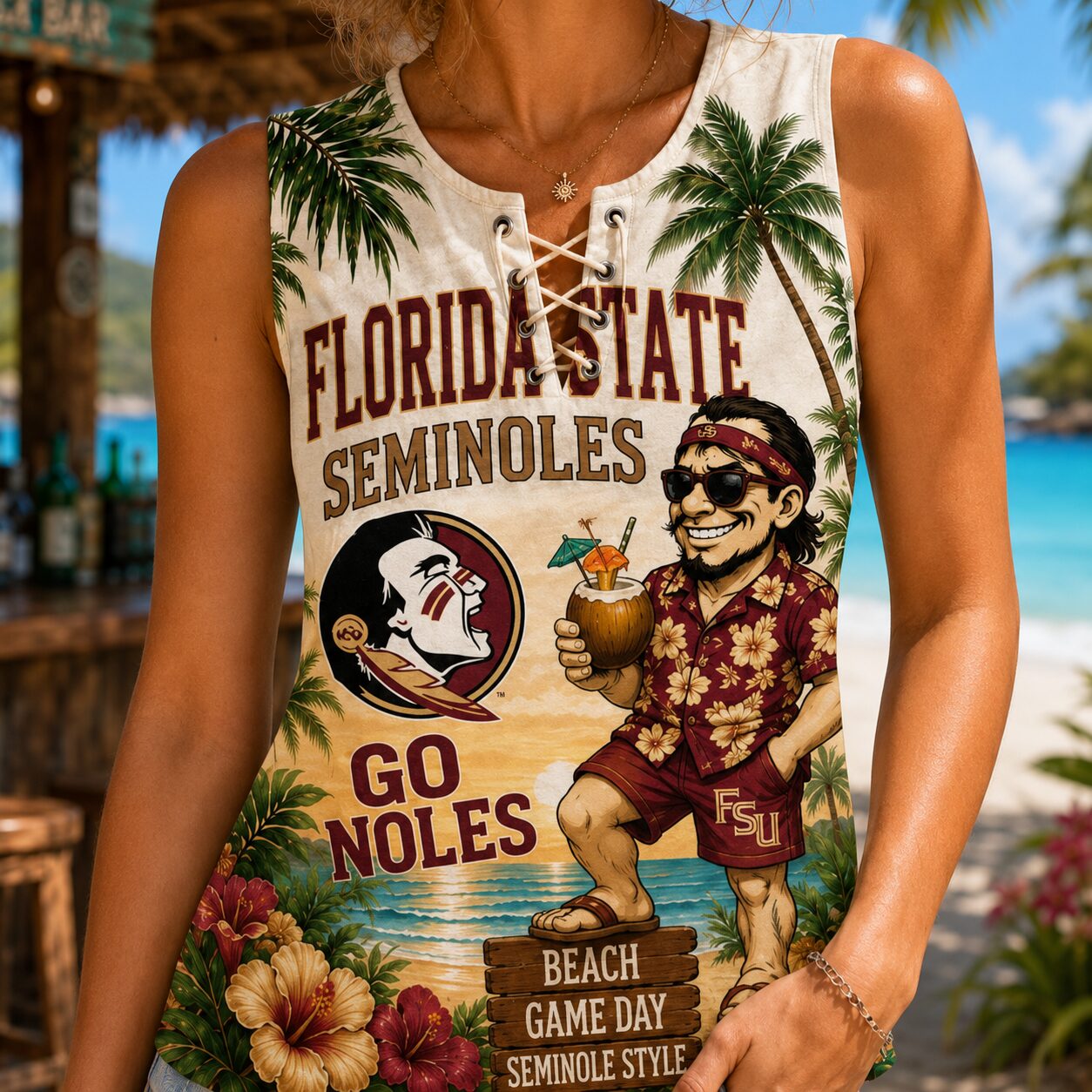 Florida State Seminoles | Premium NCAA Tropical Game Day Lace-Up Tank Top - Image 4