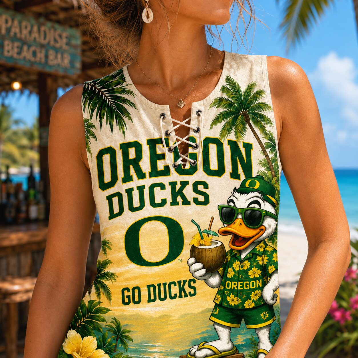 Oregon Ducks | Premium NCAA Tropical Game Day Lace-Up Tank Top - Image 4