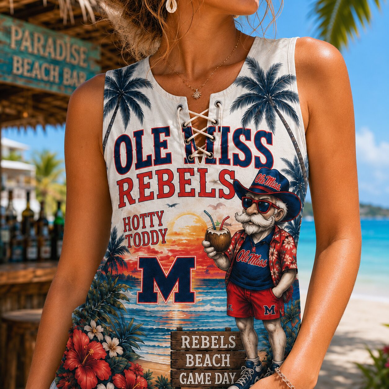 Ole Miss Rebels | Premium NCAA Tropical Game Day Lace-Up Tank Top - Image 4