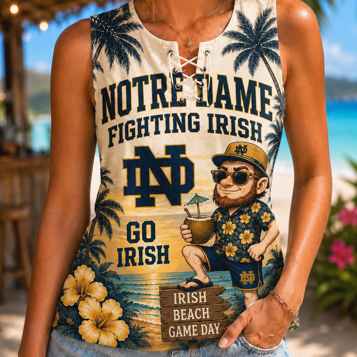 Notre Dame Fighting Irish | Premium NCAA Tropical Game Day Lace-Up Tank Top - Image 4
