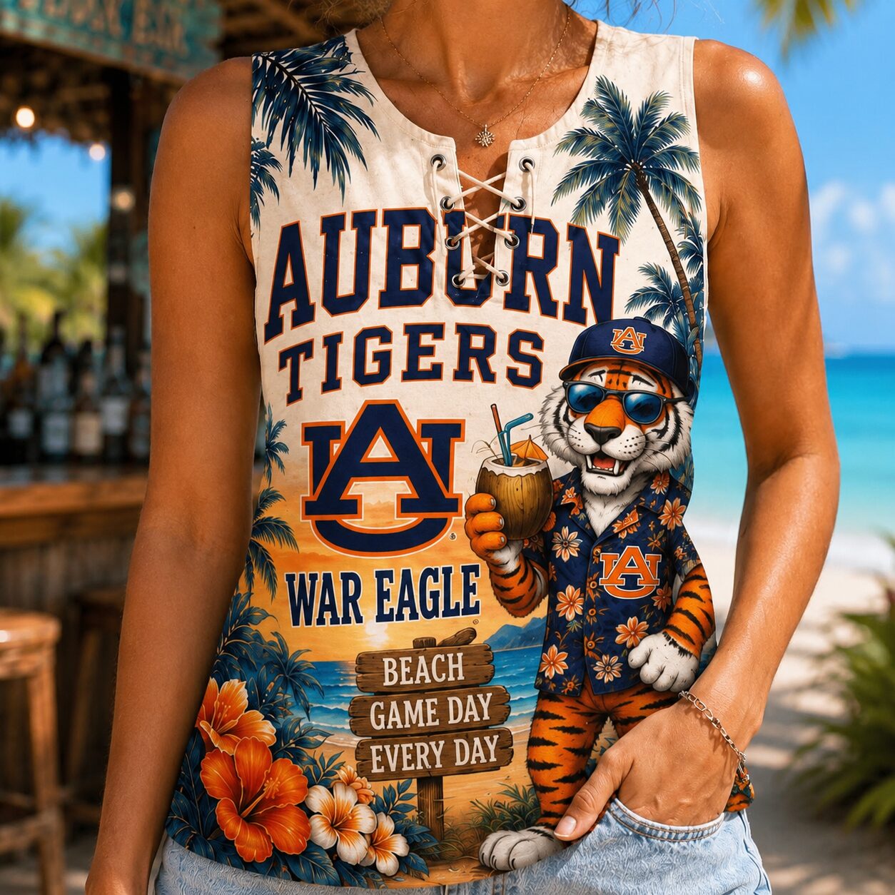 Auburn Tigers | Premium NCAA Tropical Game Day Lace-Up Tank Top - Image 4