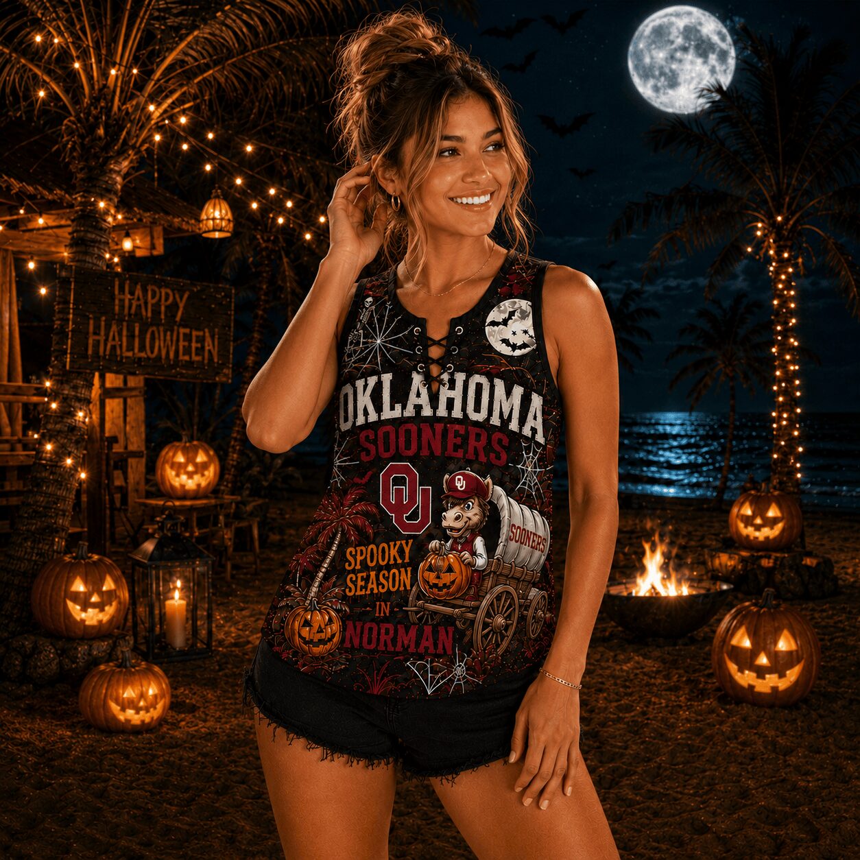 Oklahoma Sooners | Premium NCAA Halloween Night Lace-Up Tank Top - Image 2