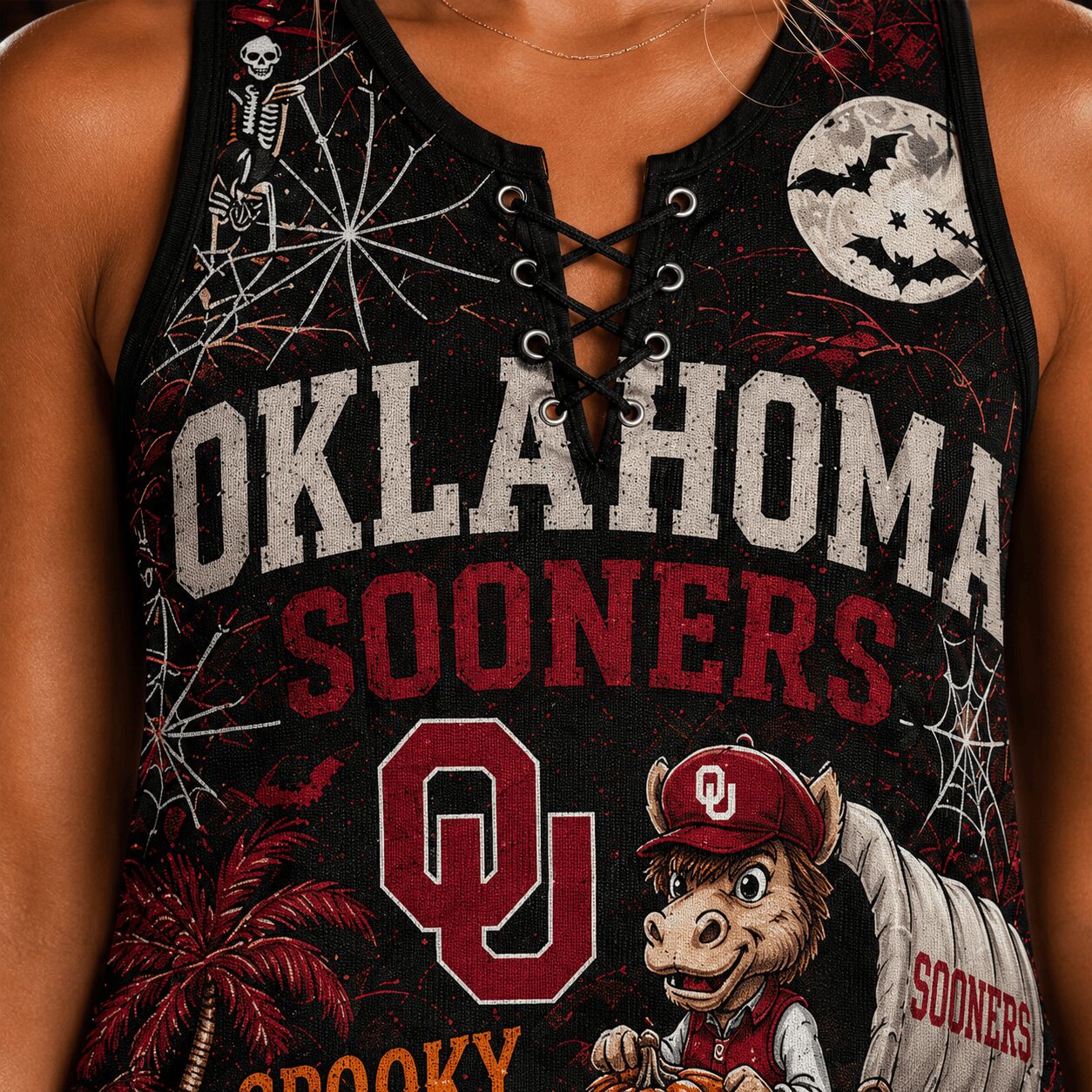 Oklahoma Sooners | Premium NCAA Halloween Night Lace-Up Tank Top - Image 4