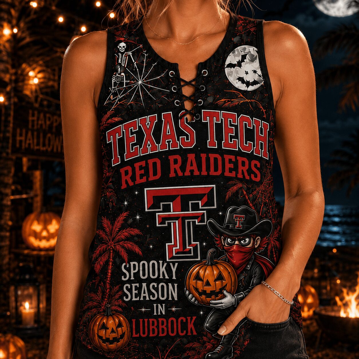 Texas Tech Red Raiders | Premium NCAA Halloween Night Lace-Up Tank Top - Image 4