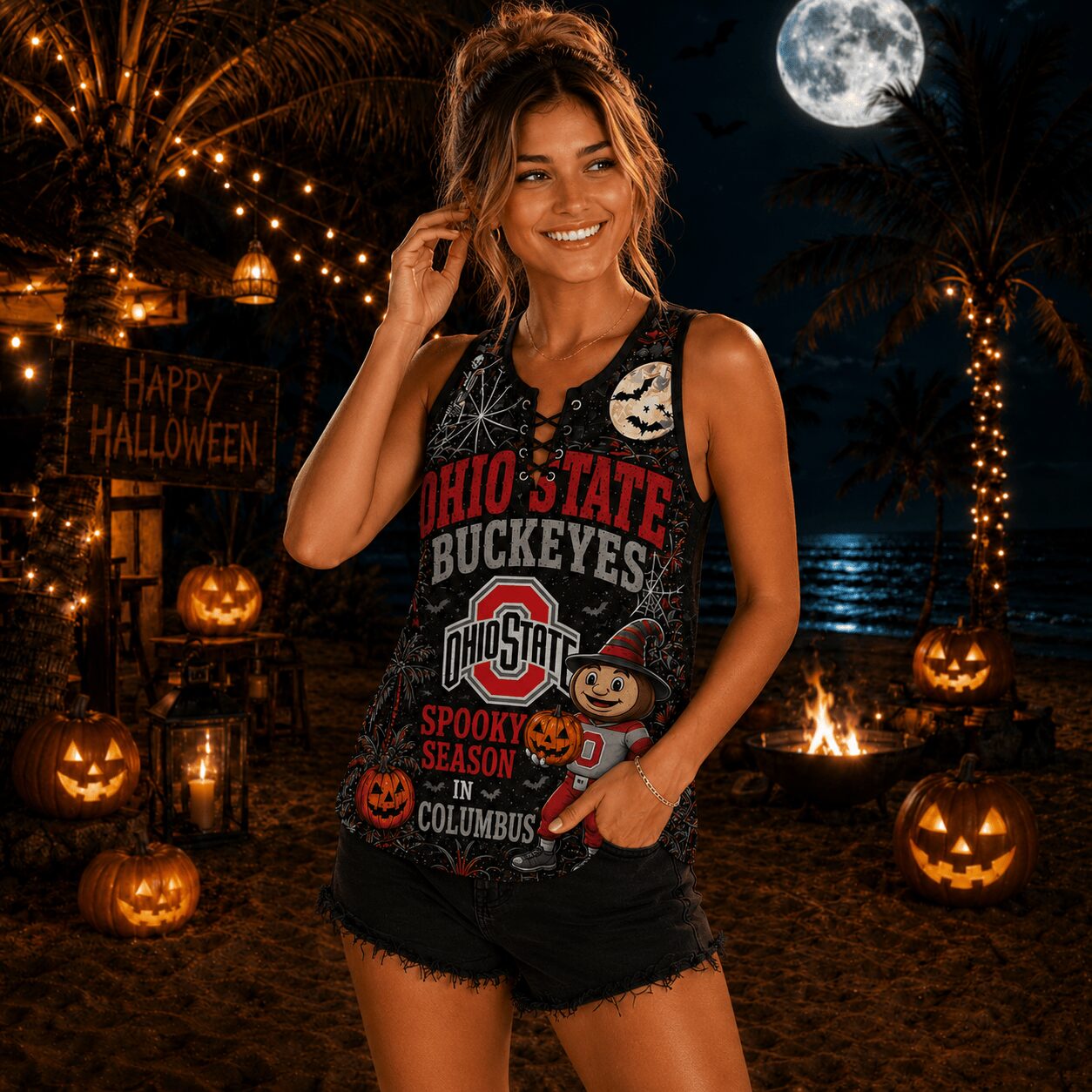 Ohio State Buckeyes | Premium NCAA Halloween Night Lace-Up Tank Top - Image 2