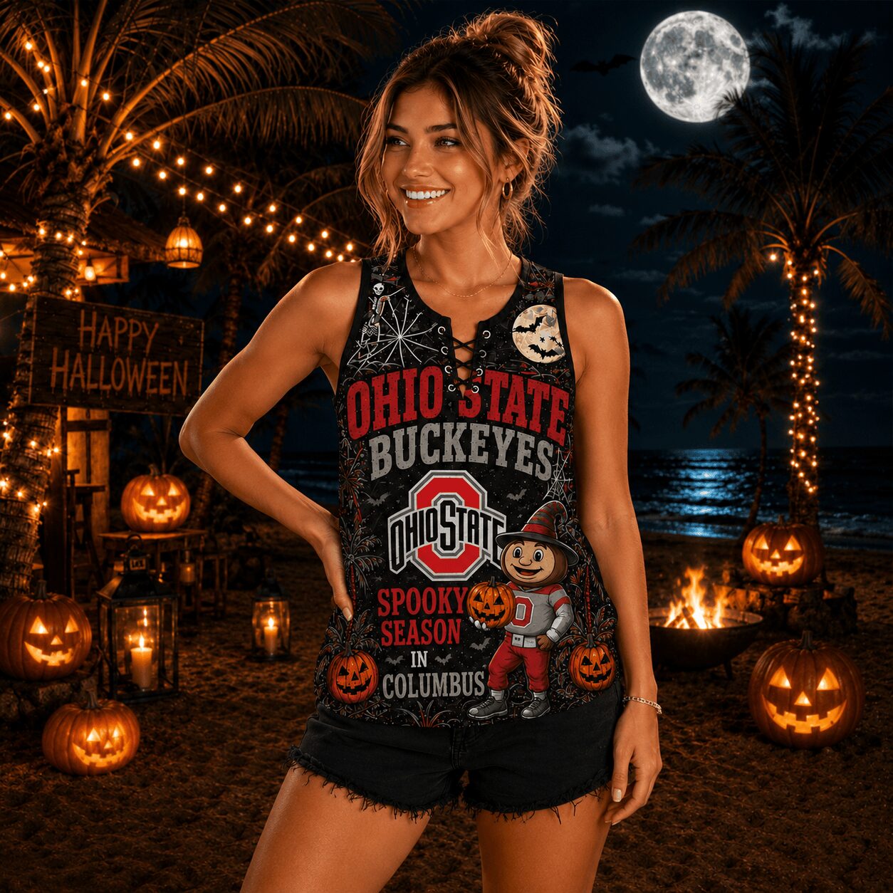 Ohio State Buckeyes | Premium NCAA Halloween Night Lace-Up Tank Top - Image 3
