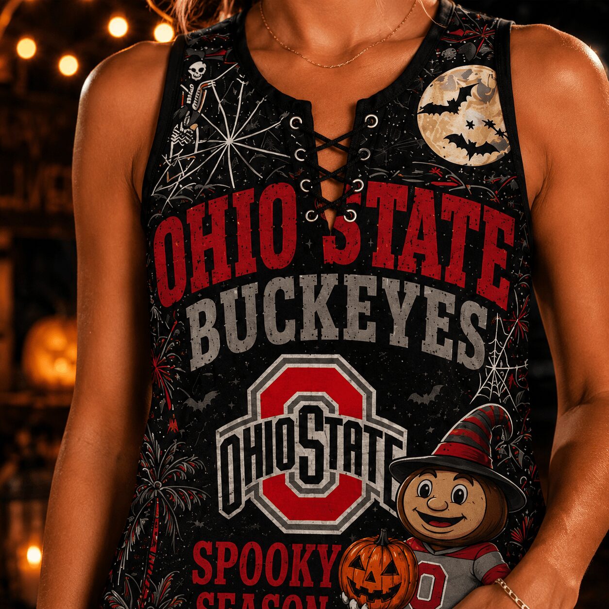 Ohio State Buckeyes | Premium NCAA Halloween Night Lace-Up Tank Top - Image 4