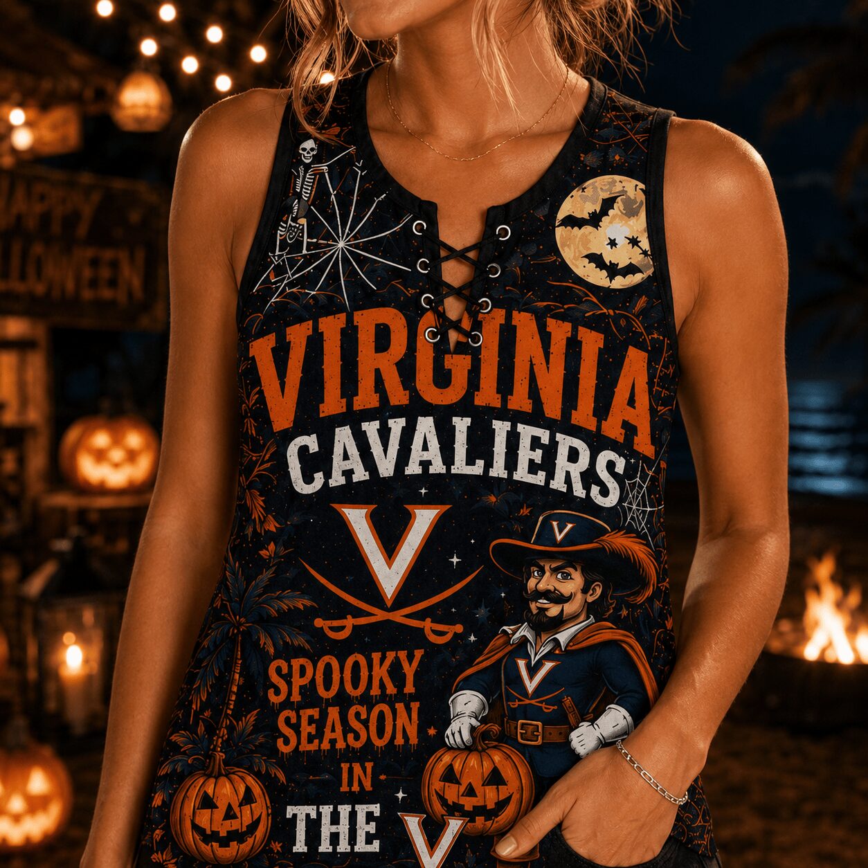 Virginia Cavaliers | Premium NCAA Halloween Night Lace-Up Tank Top - Image 4