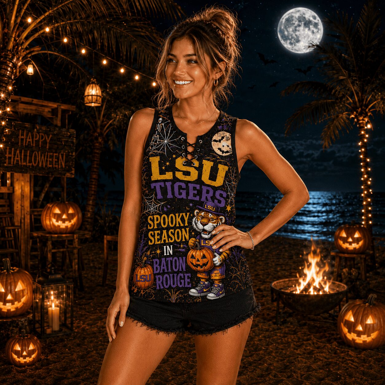 LSU Tigers | Premium NCAA Halloween Night Lace-Up Tank Top - Image 2
