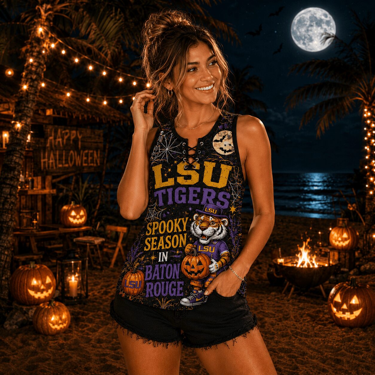 LSU Tigers | Premium NCAA Halloween Night Lace-Up Tank Top - Image 3