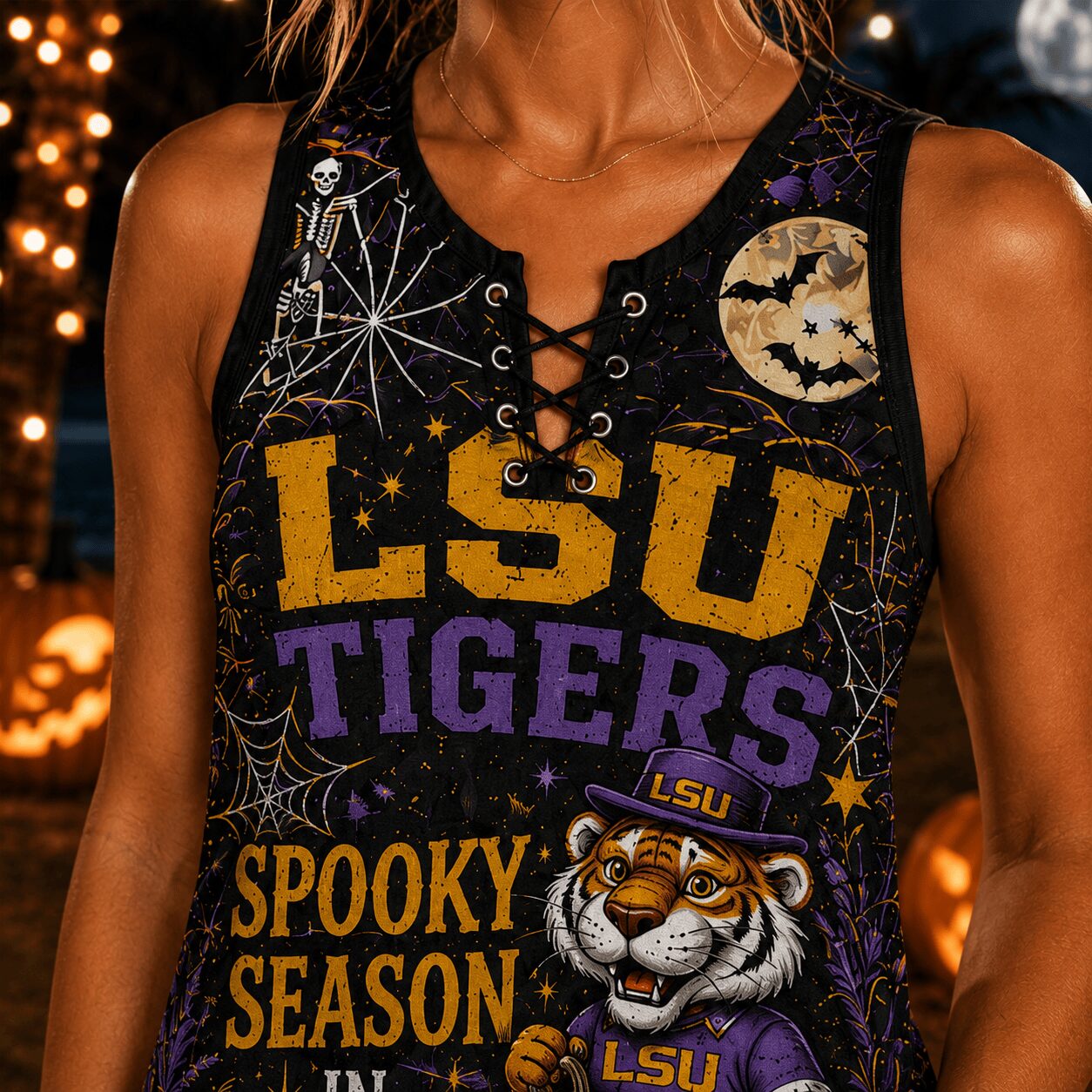 LSU Tigers | Premium NCAA Halloween Night Lace-Up Tank Top - Image 4