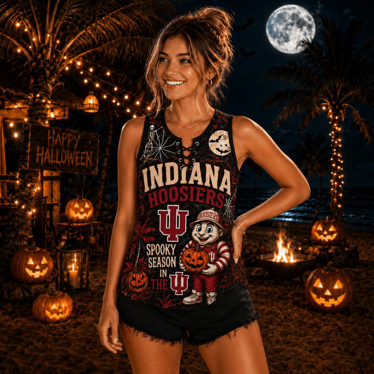 Indiana Hoosiers | Premium NCAA Halloween Night Lace-Up Tank Top - Image 2