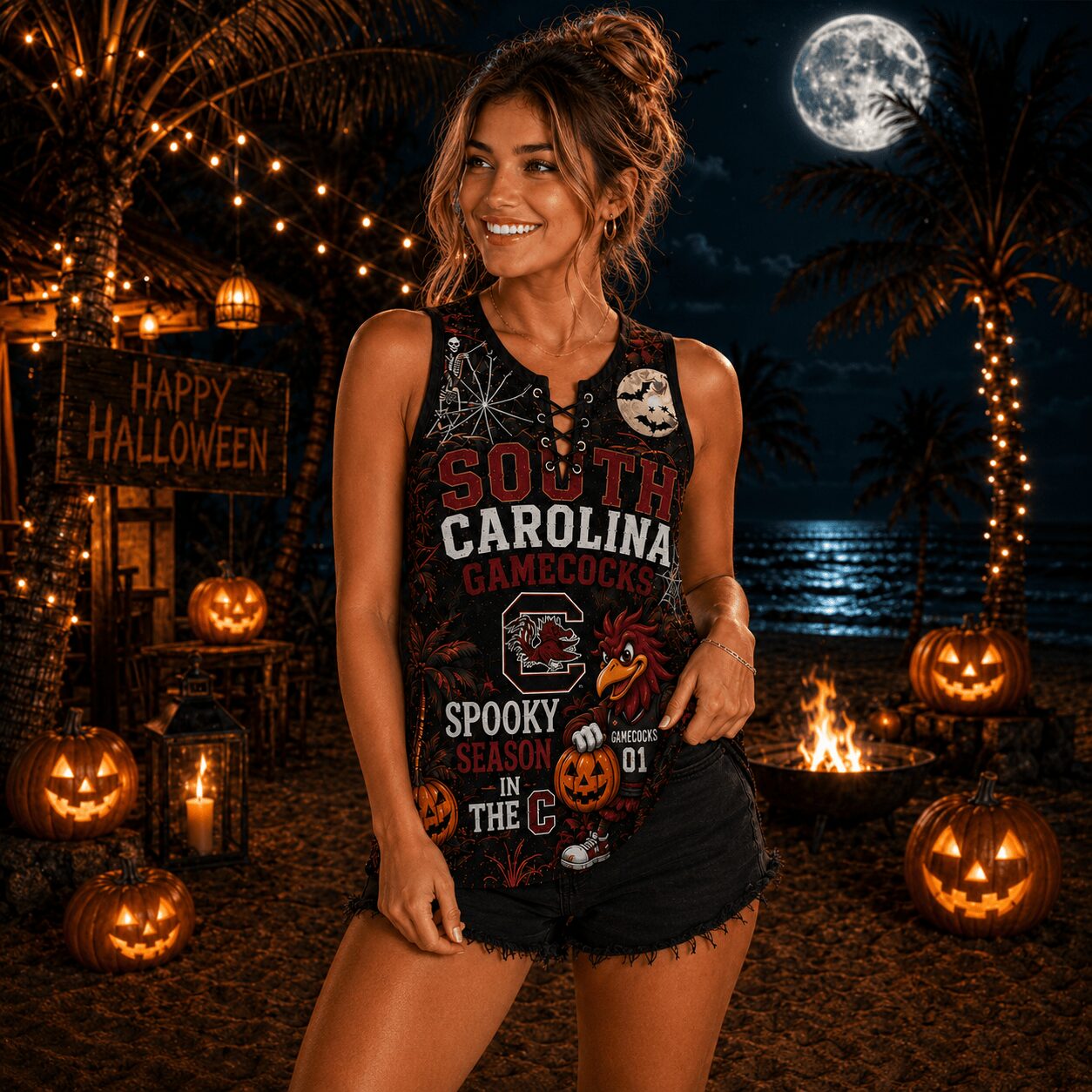 South Carolina Gamecocks | Premium NCAA Halloween Night Lace-Up Tank Top - Image 2