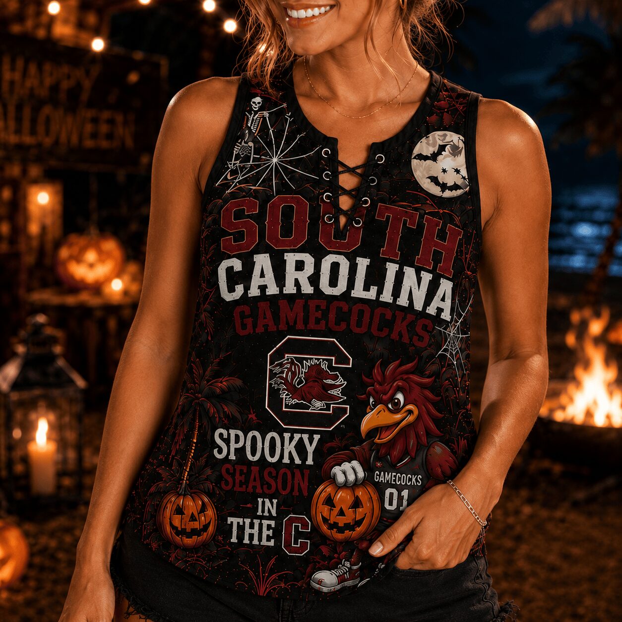 South Carolina Gamecocks | Premium NCAA Halloween Night Lace-Up Tank Top - Image 4
