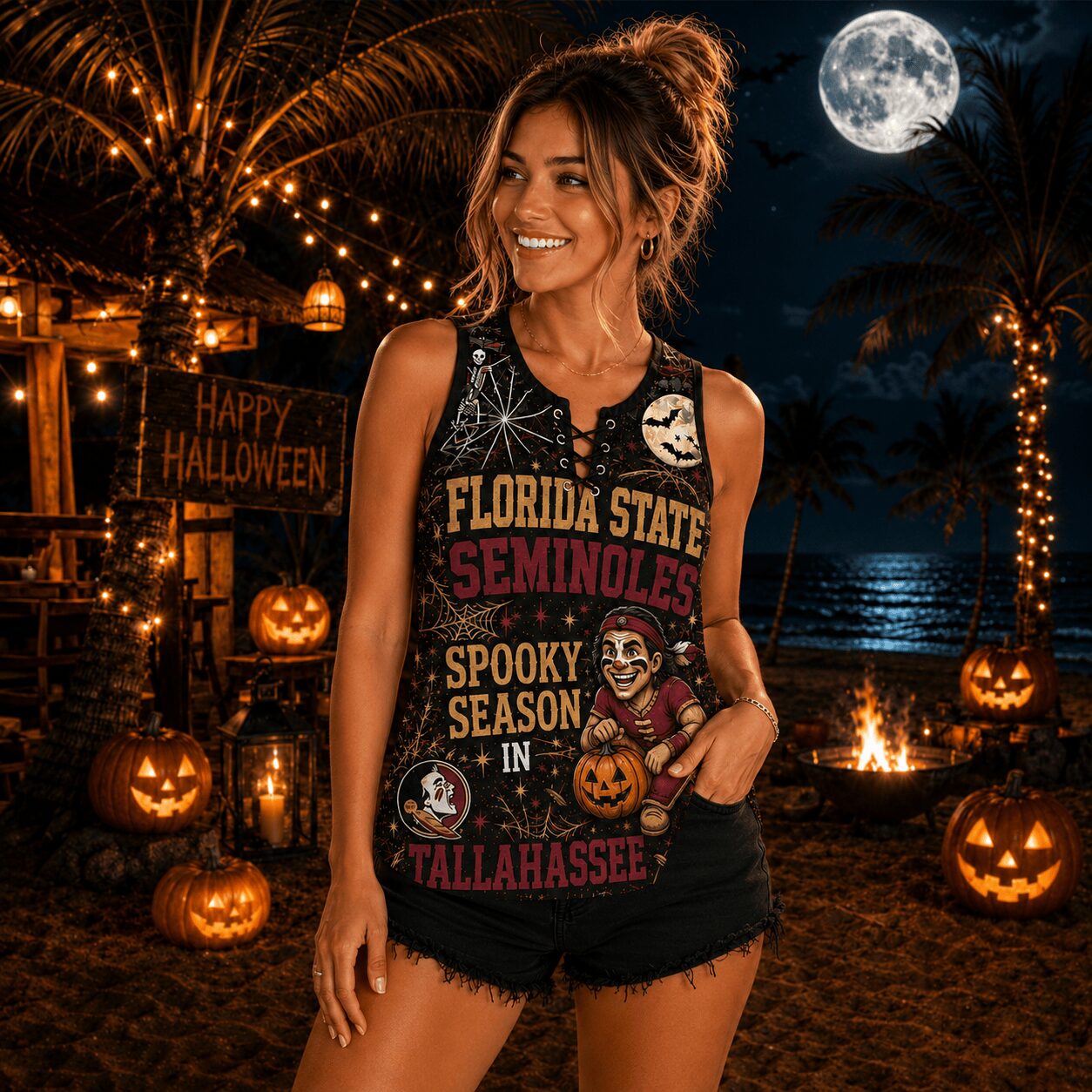 Florida State Seminoles | Premium NCAA Halloween Night Lace-Up Tank Top - Image 2
