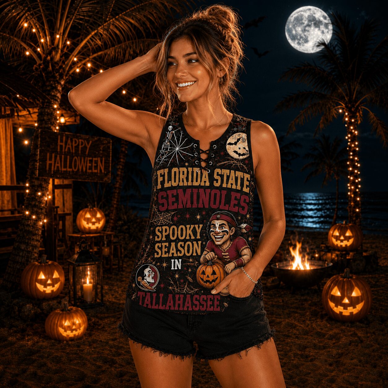 Florida State Seminoles | Premium NCAA Halloween Night Lace-Up Tank Top - Image 3
