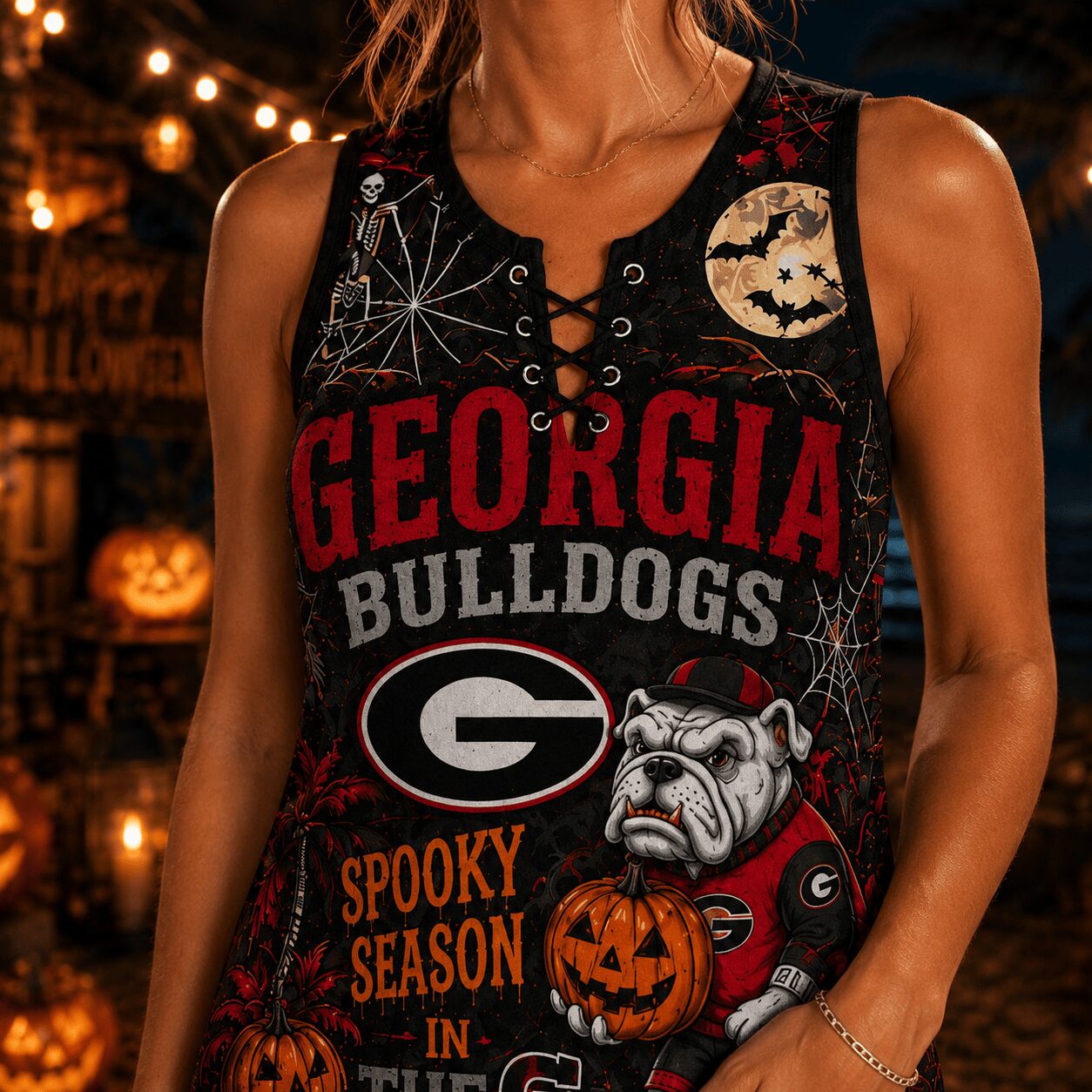 Georgia Bulldogs | Premium NCAA Halloween Night Lace-Up Tank Top - Image 4