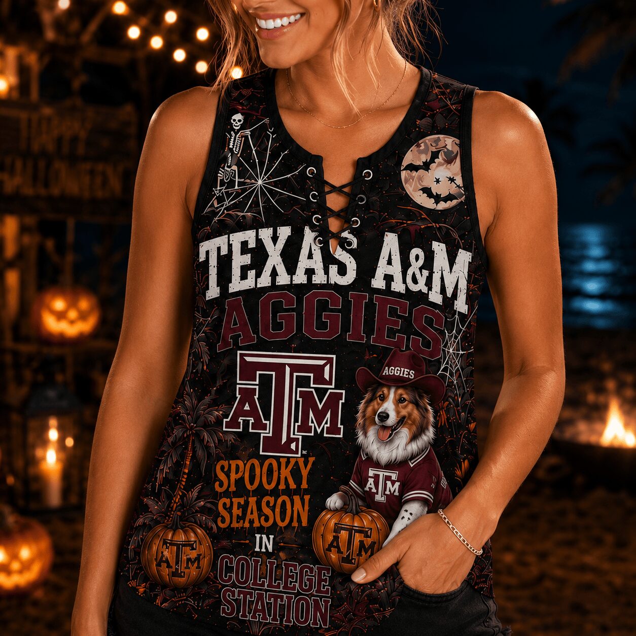 Texas A&M Aggies | Premium NCAA Halloween Night Lace-Up Tank Top - Image 4