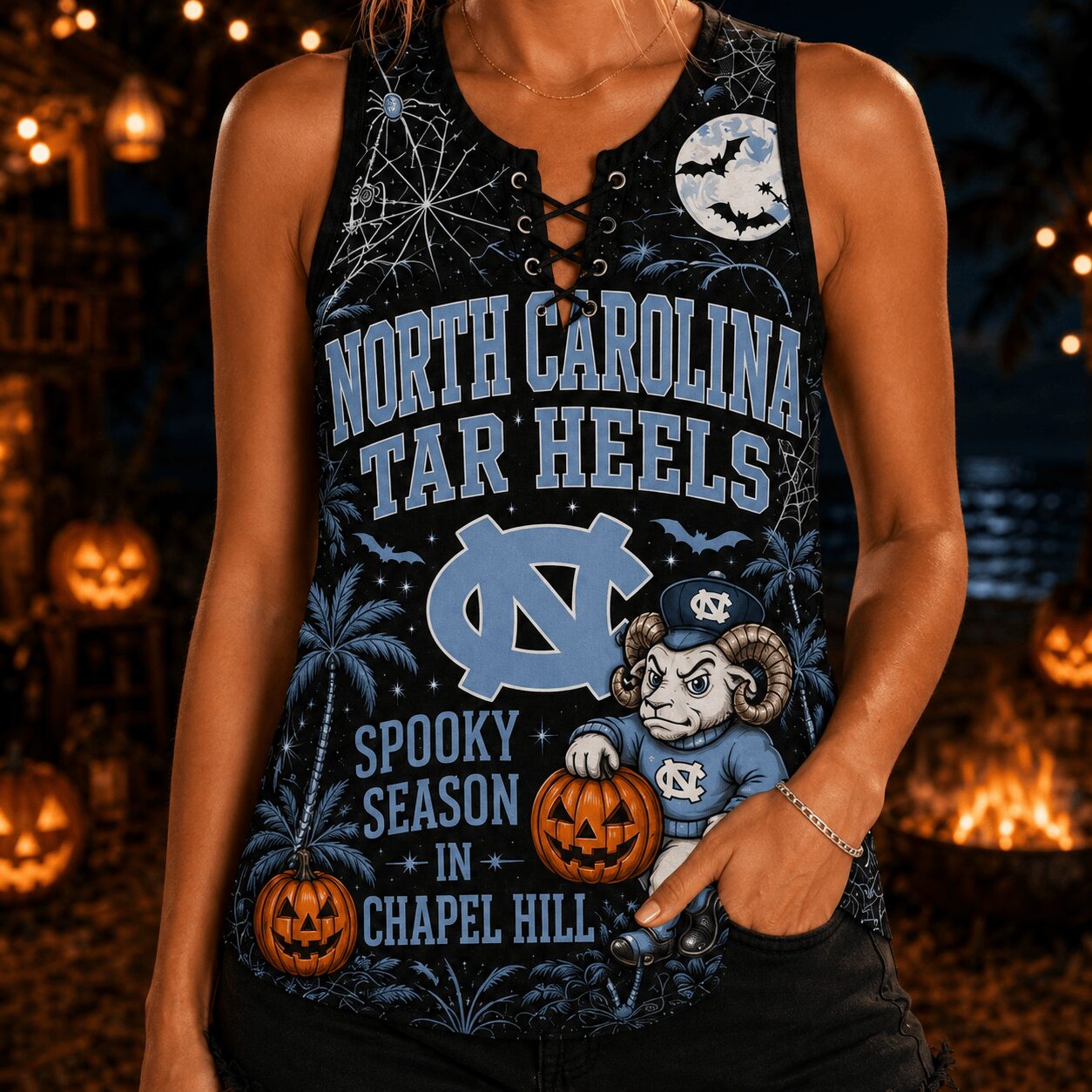 North Carolina Tar Heels | Premium NCAA Halloween Night Lace-Up Tank Top - Image 4