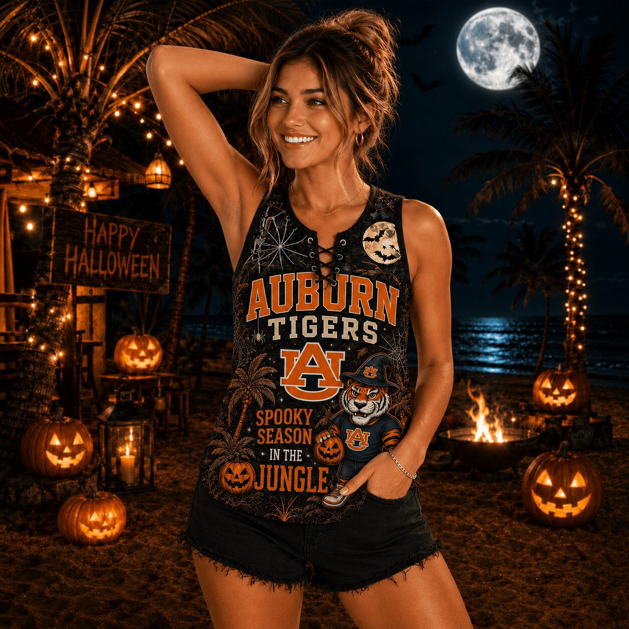 Auburn Tigers | Premium NCAA Halloween Night Lace-Up Tank Top - Image 3
