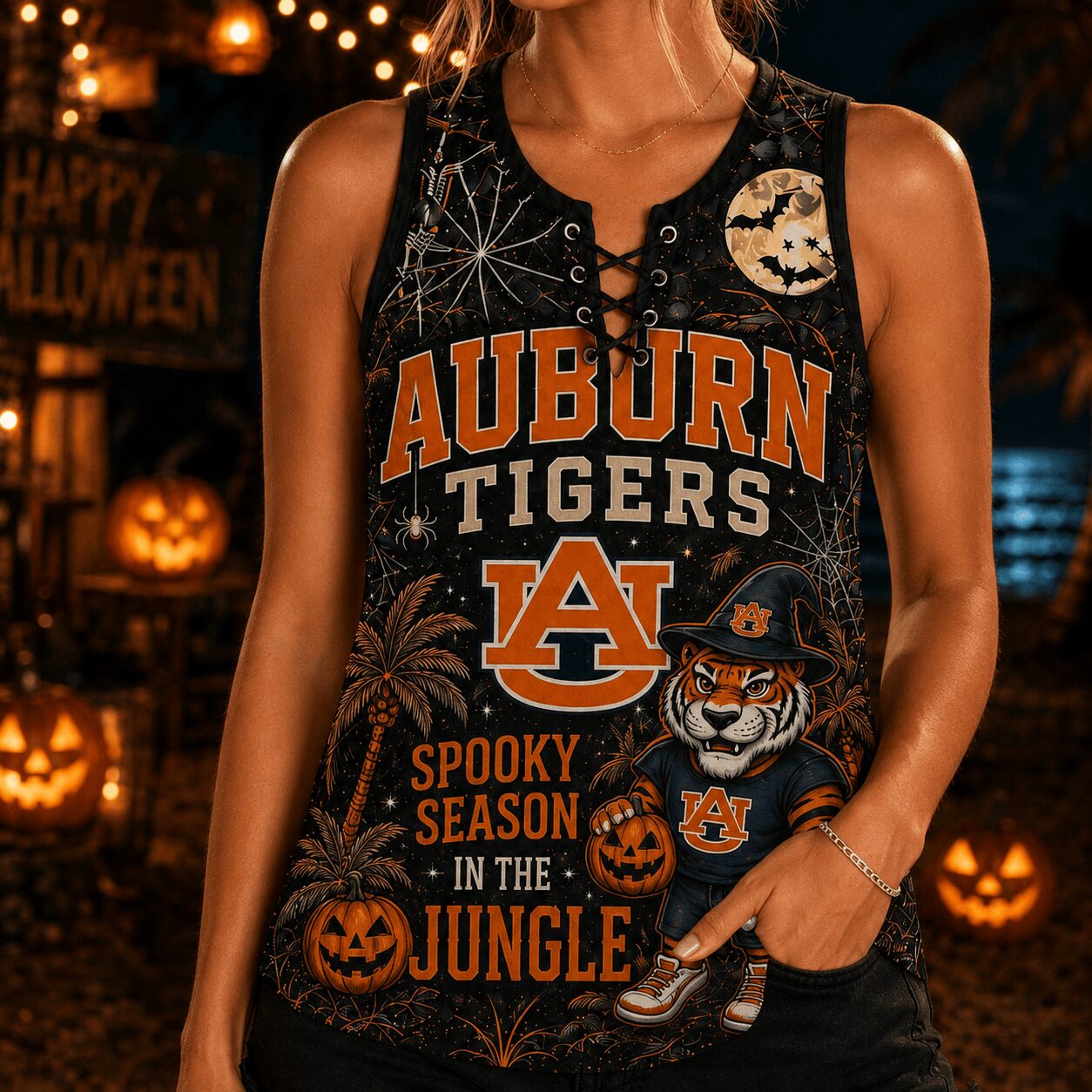 Auburn Tigers | Premium NCAA Halloween Night Lace-Up Tank Top - Image 4