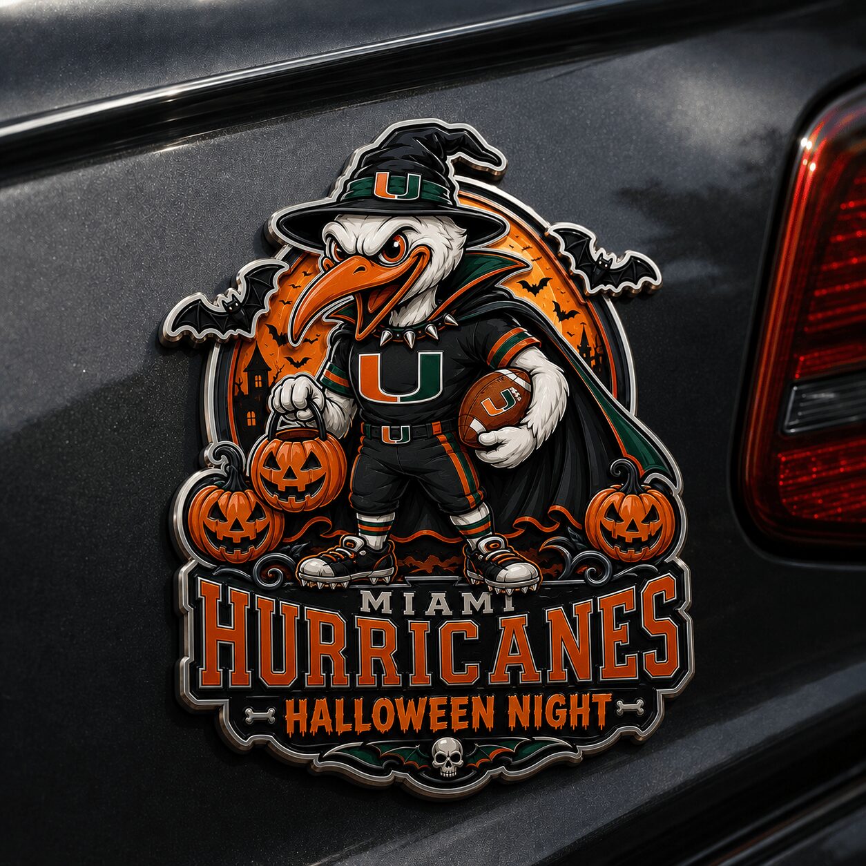 Miami Hurricanes | Premium NCAA Halloween Edition Car Namge Badge - Image 3