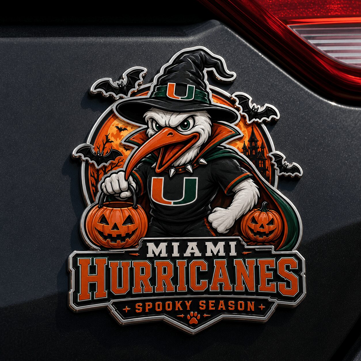 Miami Hurricanes | Premium NCAA Halloween Edition Car Namge Badge - Image 2